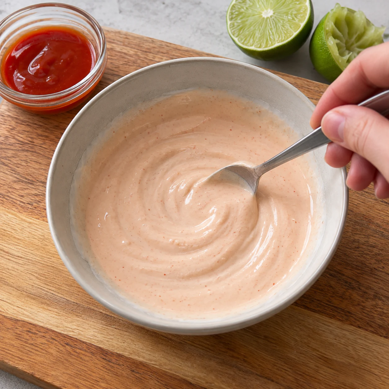 Bol de crème soja citron vert en cours de mélange avec sauce sriracha, teinte rosée légère.