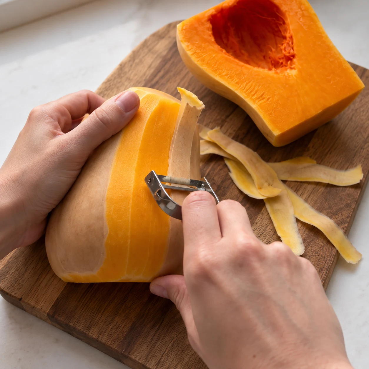Économe sur la peau du demi-butternut, chair orange révélée, main anonyme.
