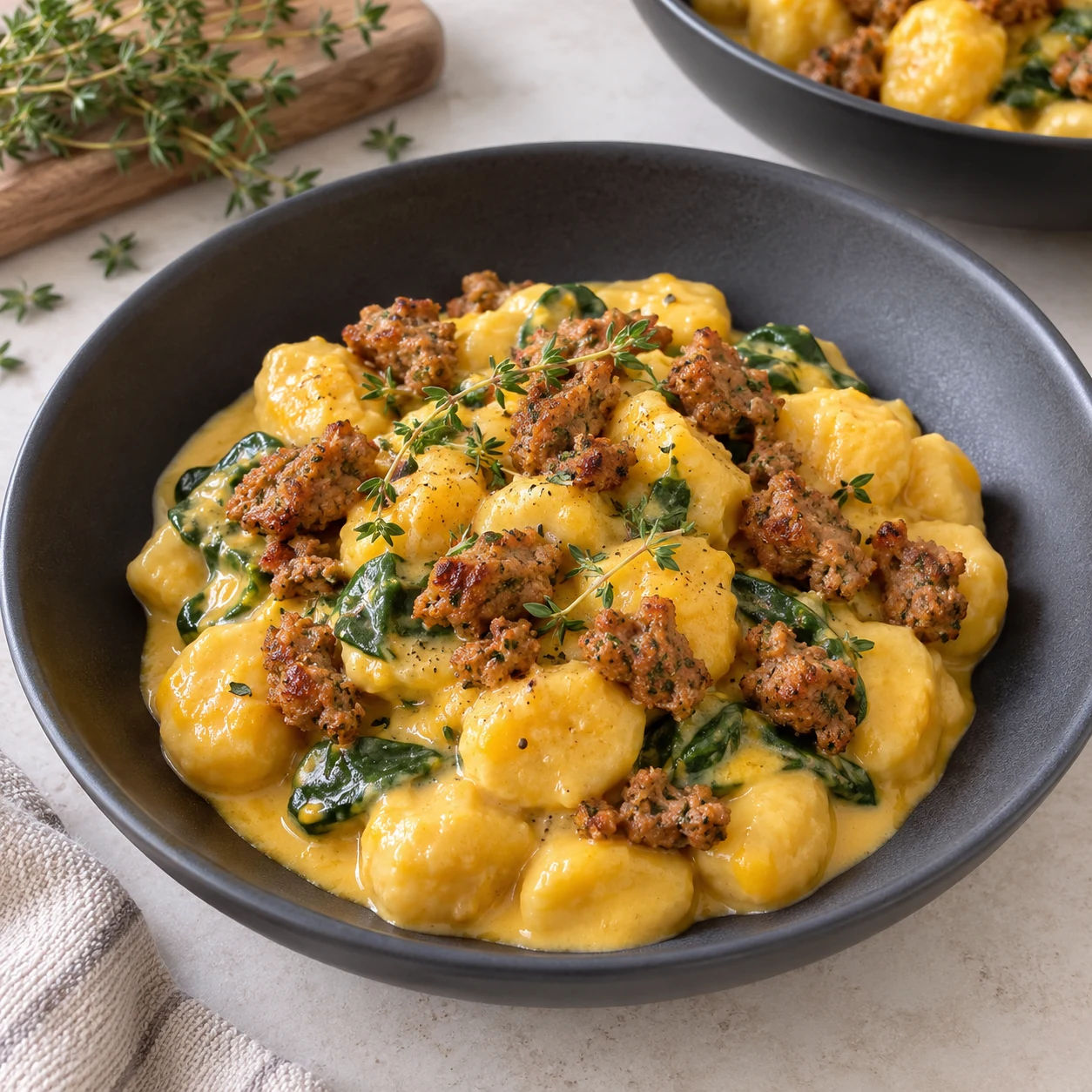 Sers les gnocchis en sauce et garnis avec les chipolatas végétales aux herbes émiettées réservées et le thym frais. Tu peux déposer un peu de la sauce déjà préparée au fond de l’assiette, comme dans la recette d’origine.