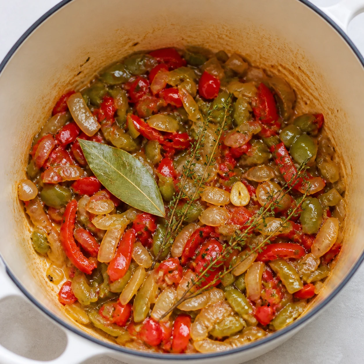 Poivrons qui fondent doucement dans une cocotte.