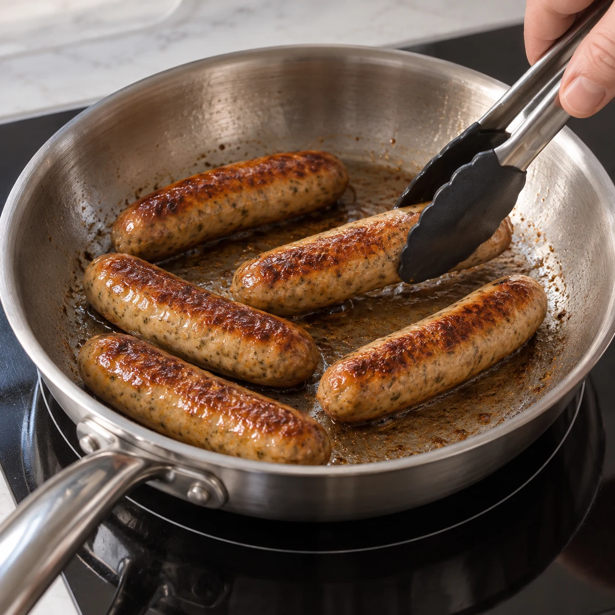 Photo culinaire carrée de l’action : Cuire les chipolatas végétales. Les chipolatas sont dorées sur toutes leurs faces, leur enveloppe est intacte et le centre est chaud. Seulement Chipolatas végétales. Mains adultes anonymes seulement si le geste le nécessite, aucun texte, visage, bijou ou viande.