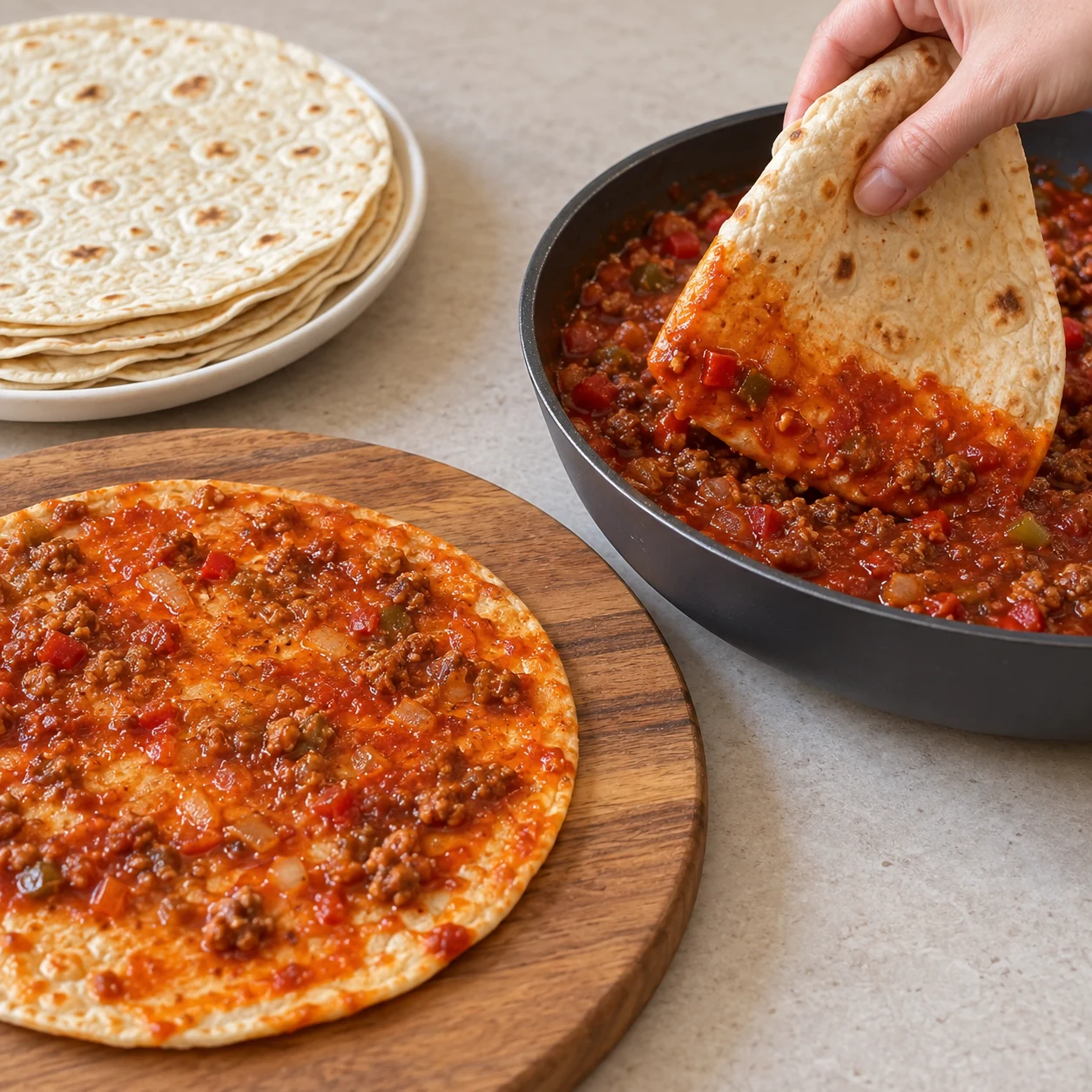 Trempez une galette dans la sauce de la garniture puis posez-la sur le plat de montage.