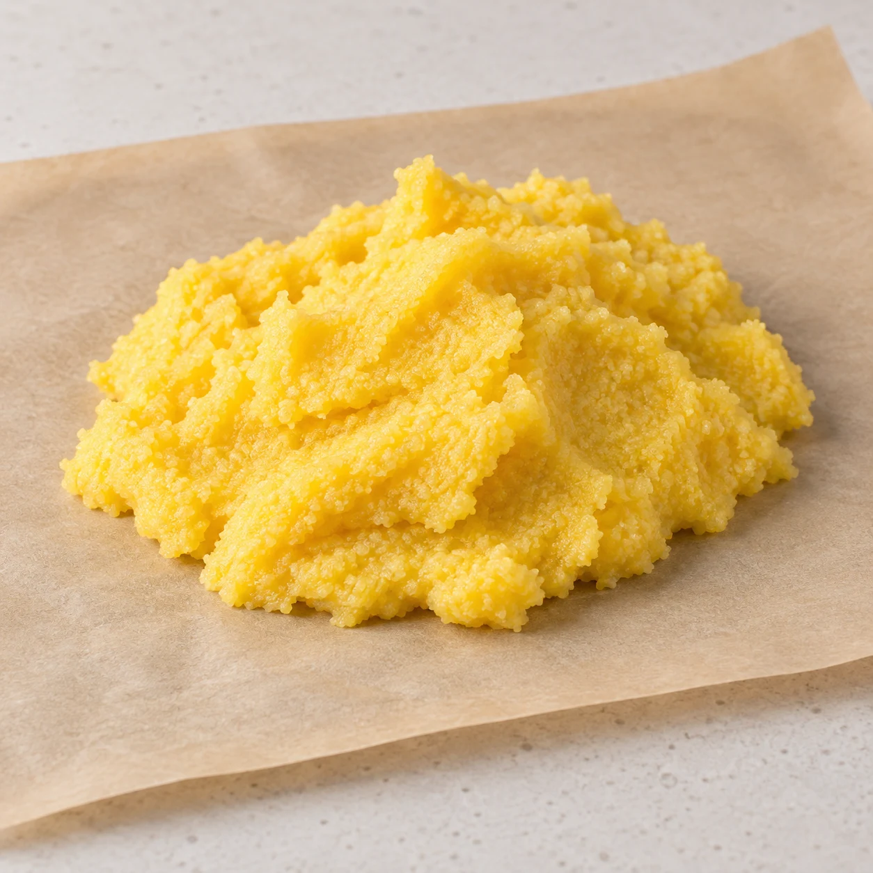 Tas jaune granuleux de polenta tiédie sur papier sulfurisé, sans mains ni casserole.
