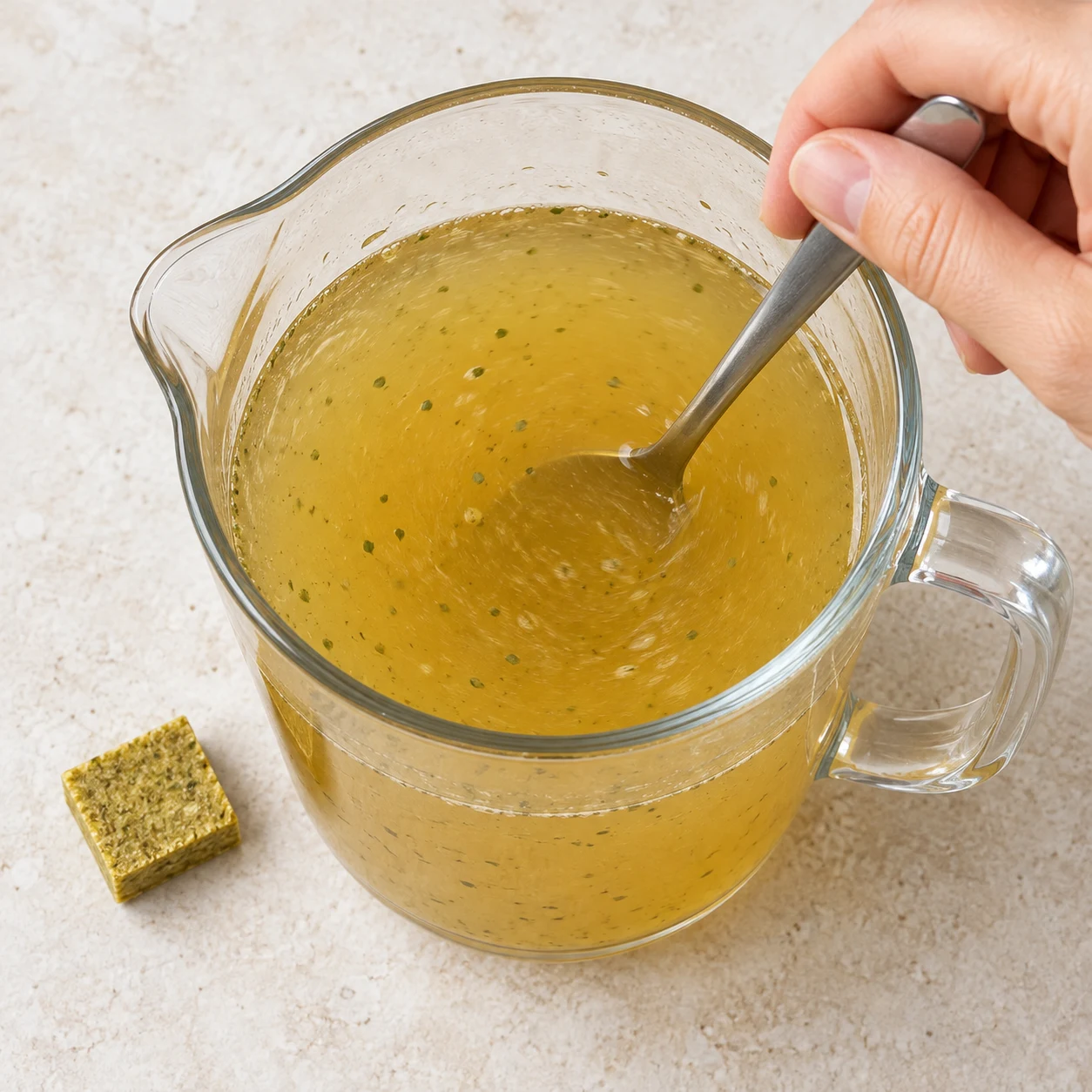 Dissous 10 g de bouillon de légumes en cube dans 500 ml d’eau bouillante, selon la notice du produit vérifié. État à montrer : Les 10 g de bouillon sont dissous dans les 500 ml d’eau.