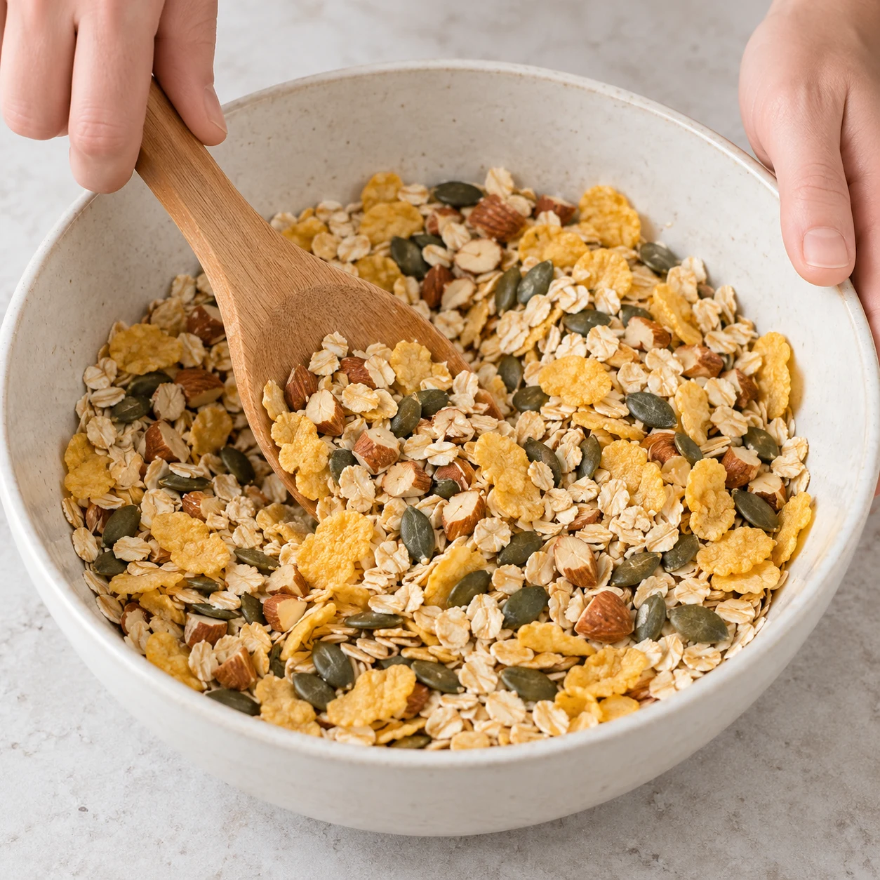 Mélanger les ingrédients secs. Les graines et morceaux d’amandes sont répartis parmi les céréales.