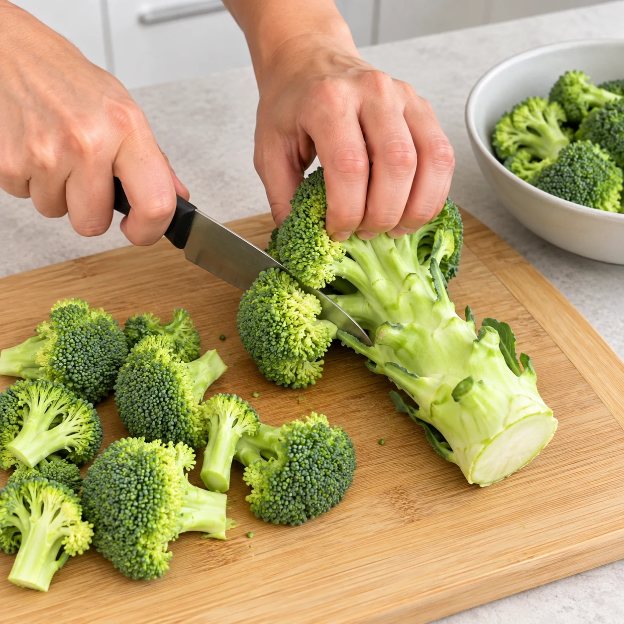 Découpe des fleurettes d’un brocoli cru avec prise en griffe, pied conservé.