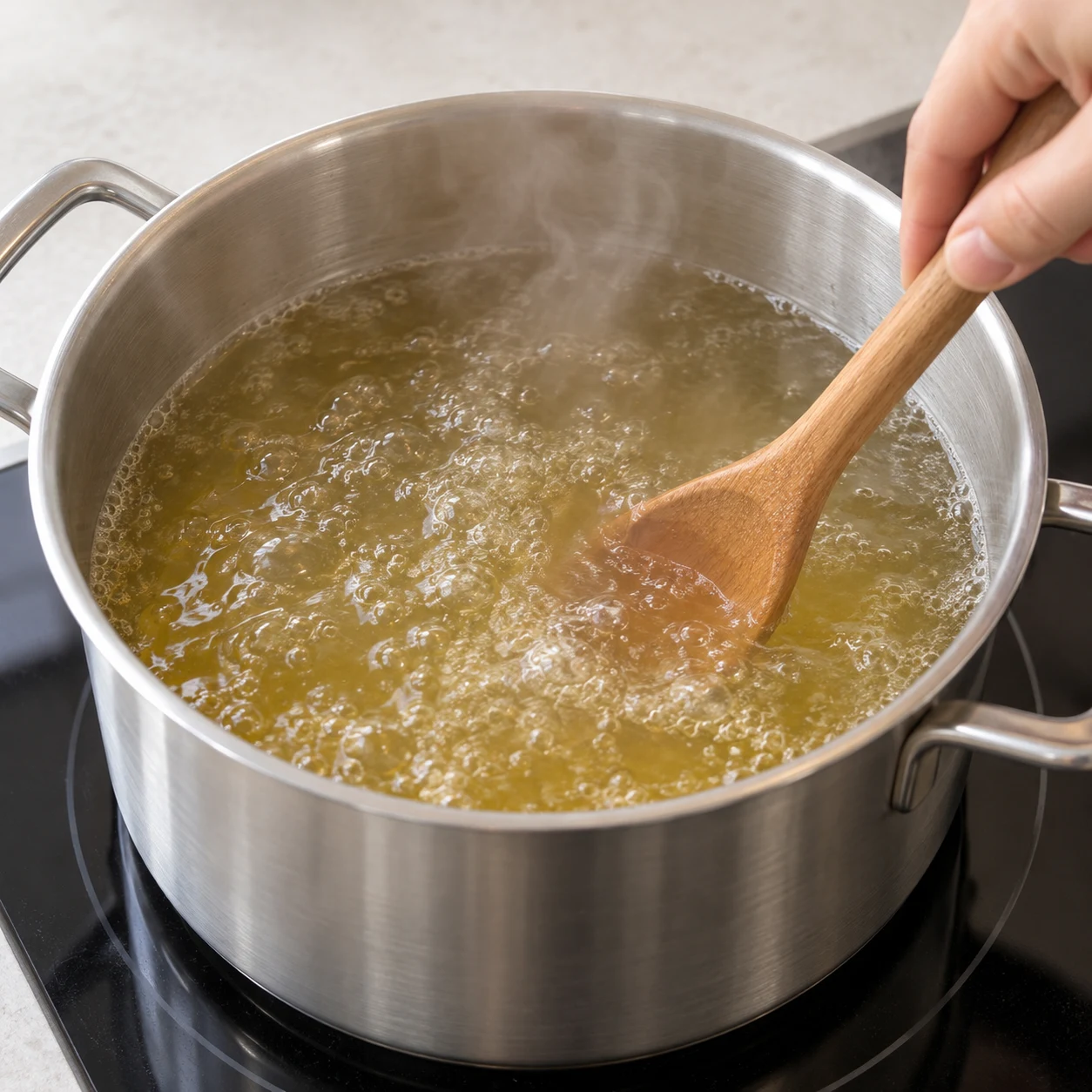 Casserole inox avec bouillon clair frémissant, sans polenta encore.