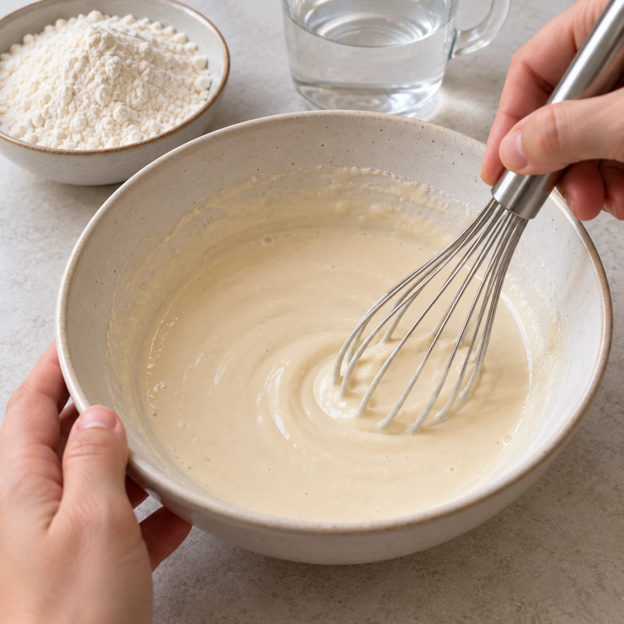 Une seule photographie carrée du geste « Préparer le liant au blé »: Fouette les 65 g de farine de blé T55 avec les 130 ml d’eau pour former une pâte lisse. Cette liaison est une adaptation végétale et introduit du gluten. État obtenu: Le liant est lisse et ne contient pas d’amas de farine.. Uniquement les ingrédients autorisés à cette étape; pas de visage, de texte ou d’ingrédient animal.