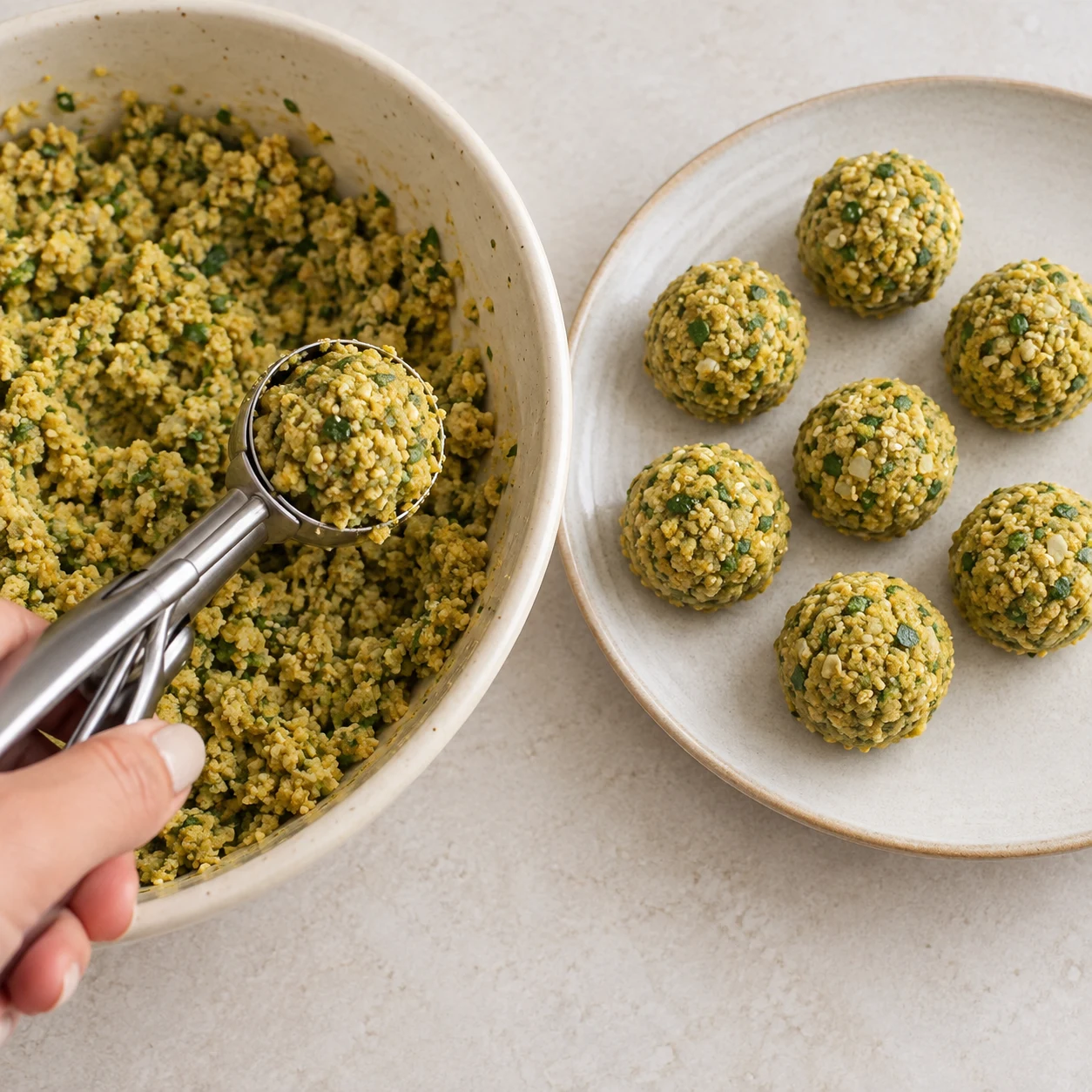 Façonner 8 falafels de format régulier avec une cuillère à glace, comme dans la recette d’origine. Une seule action, une seule phase de préparation, aucun texte ni personne identifiable.