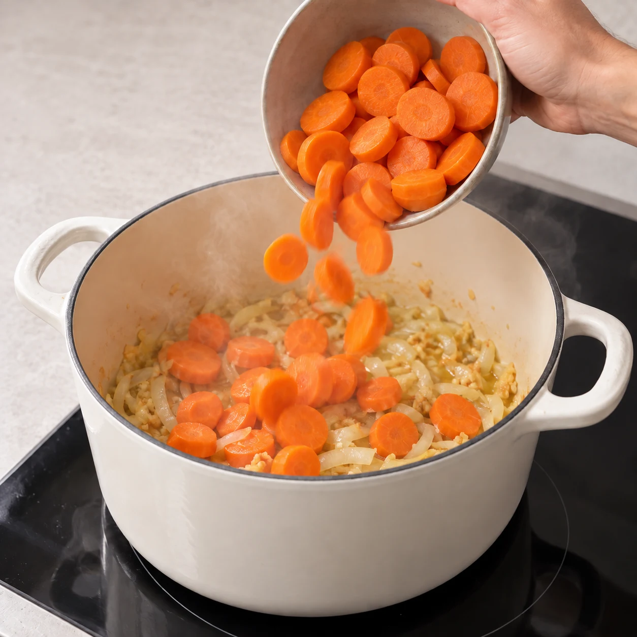 Ajouter les carottes : Les carottes sont dans la cocotte avec les aromates.