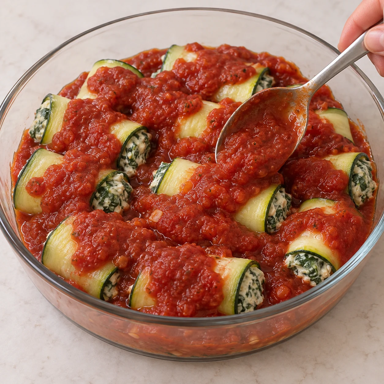 Recouvrir de sauce : La sauce se répartit entre les rouleaux et sur leur surface. Une seule phase culinaire, plan de travail pierre pâle, lumière naturelle, aucun texte.