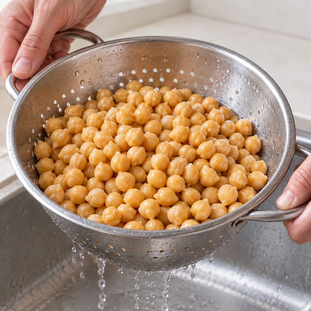 Pois chiches cuits dans une passoire, aucun petit pois ni viande.