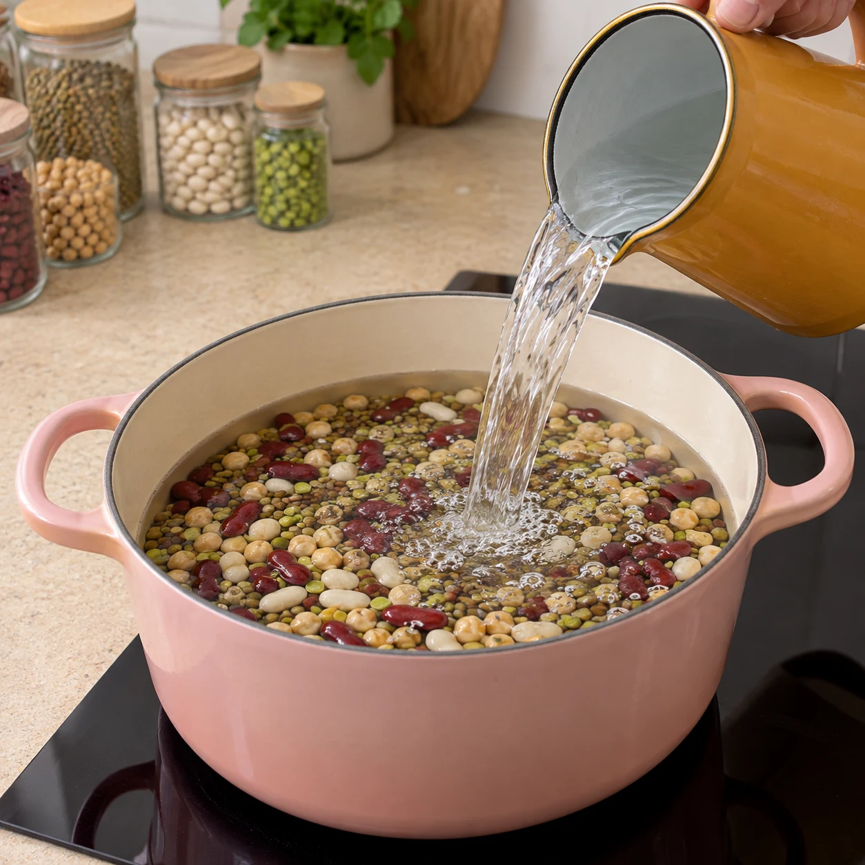 Verse les 2 litres d’eau dans la cocotte contenant les légumineuses. Résultat attendu : L’eau recouvre les légumineuses dans la cocotte.