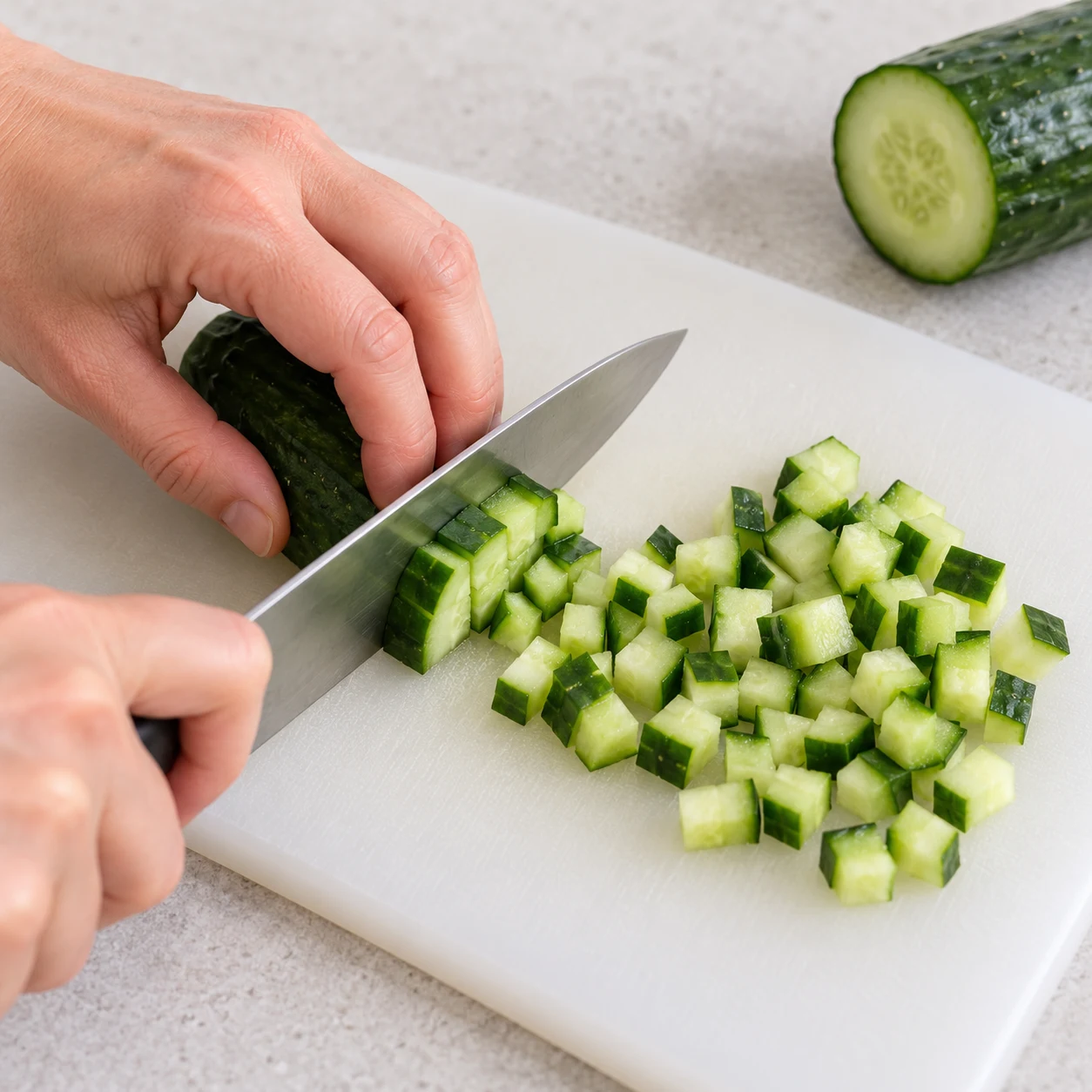Coupez les 30 g de concombre en petits dés sur une planche stable. Montrer uniquement les ingrédients de cette phase sur pierre pâle, vaisselle blanche neutre.