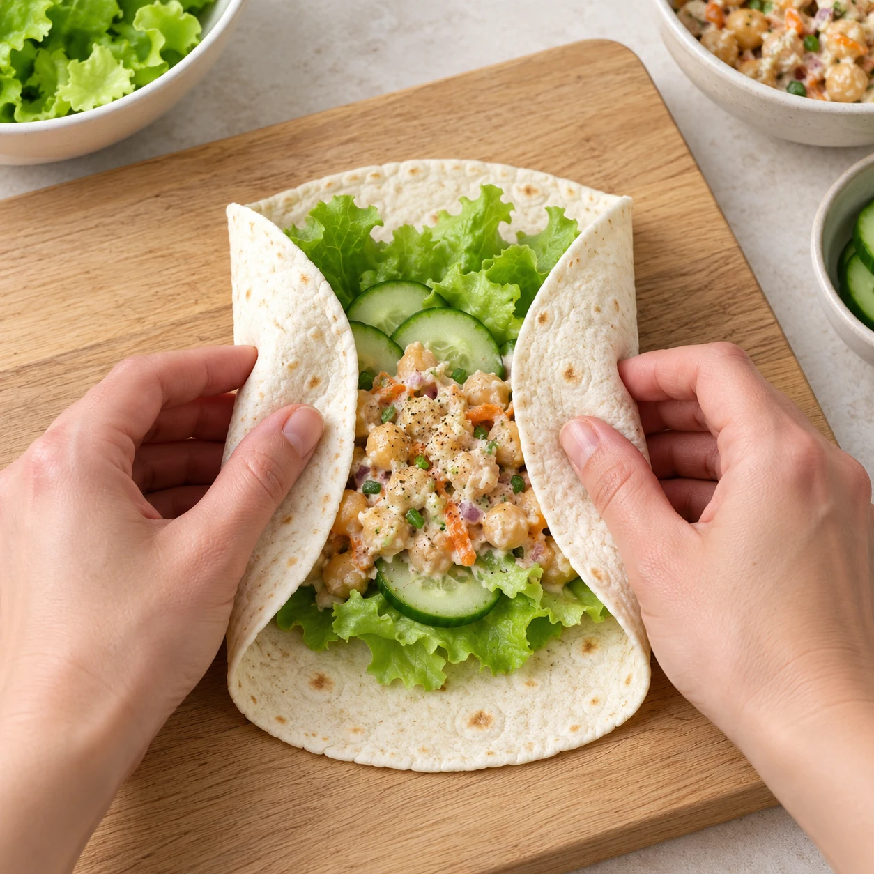 Deux mains anonymes replient les bords latéraux d’une tortilla garnie ; adaptation 100 % végétale.