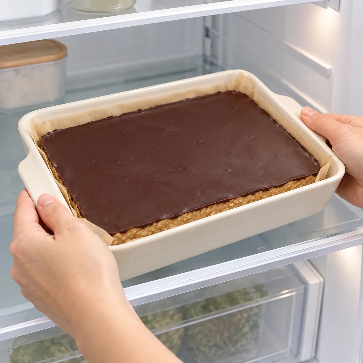 Réserve la préparation au frais jusqu’à la dégustation, comme indiqué dans la recette d’origine. État à montrer : La couche de chocolat est prise et la plaque peut être manipulée.