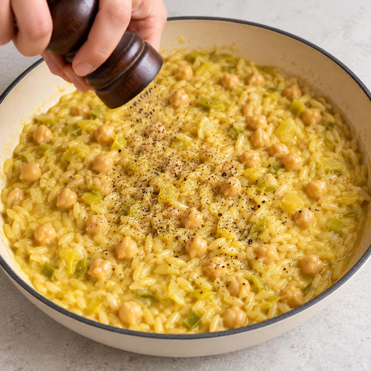 Ajouter le poivre. Le poivre est réparti sur l’orzotto.. Reproduire une seule action, ingrédients exacts et phase exacte. Adapter les crevettes visibles en pois chiches cuits entiers uniquement après son ajout. Aucun ingrédient futur.