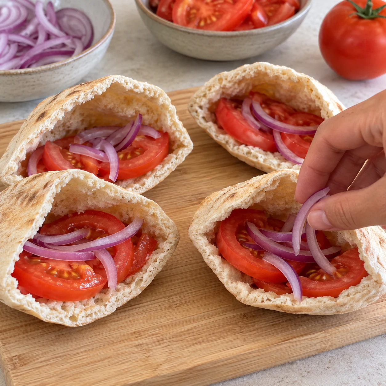 Garnir chacune des quatre moitiés de pita de tranches de tomate et de quelques lamelles d’oignon rouge. Une seule action, une seule phase de préparation, aucun texte ni personne identifiable.