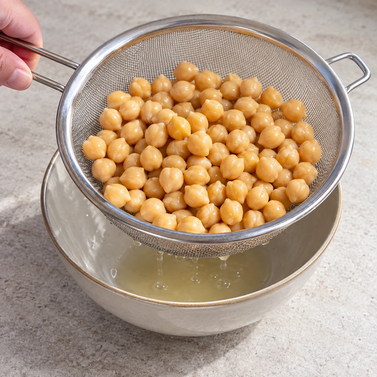 Pois chiches beige doré dans une passoire, aucune viande ni tofu.