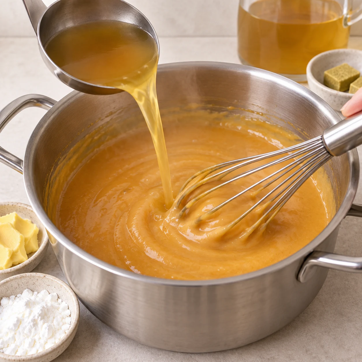 Cocotte en inox, louche versant le bouillon doré dans le roux pendant qu'un fouet mélange une sauce orangée.