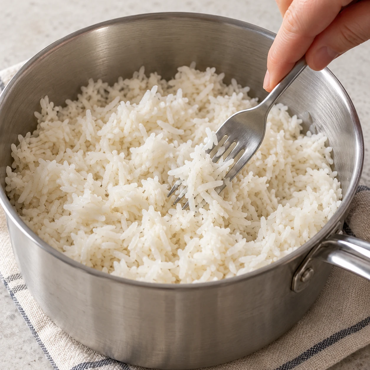 Fourchette séparant les grains de riz blanc cuit dans une casserole, mains anonymes.