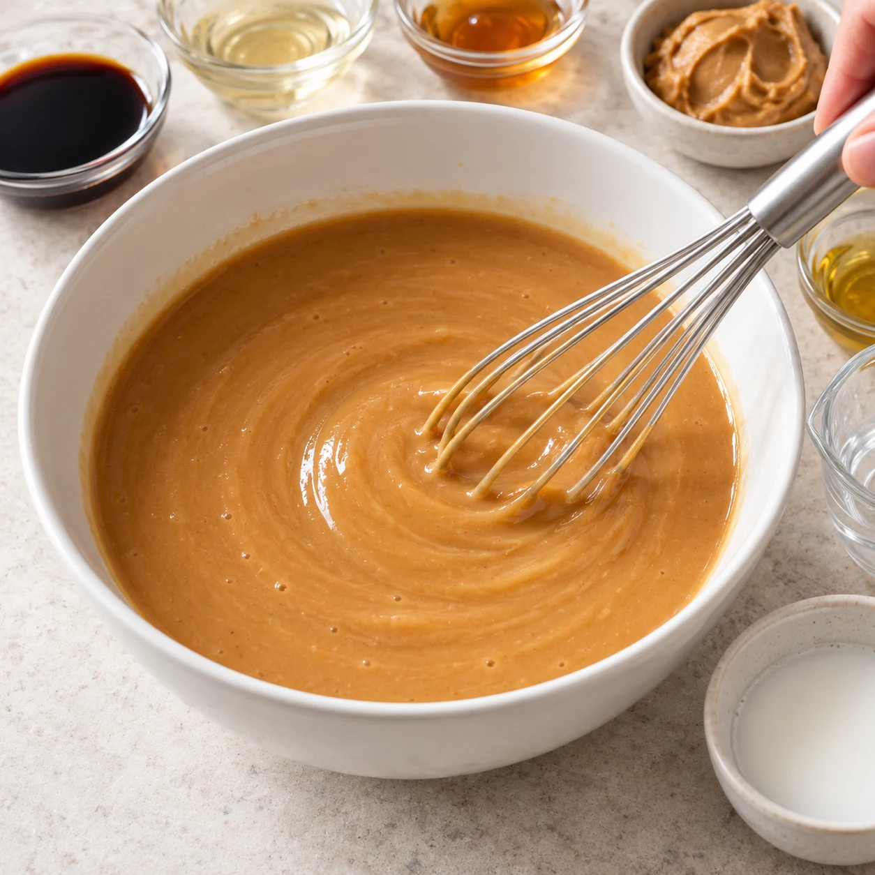 Bol de sauce soja sombre avec une cuillerée de beurre de cacahuète, sirop versé en filet dessus.