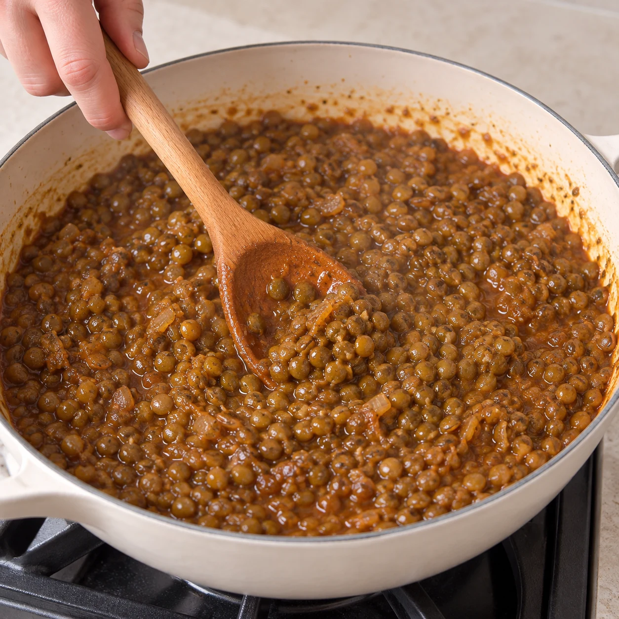 Lentilles vertes entières fondantes dans une sauce brune épaisse et humide.