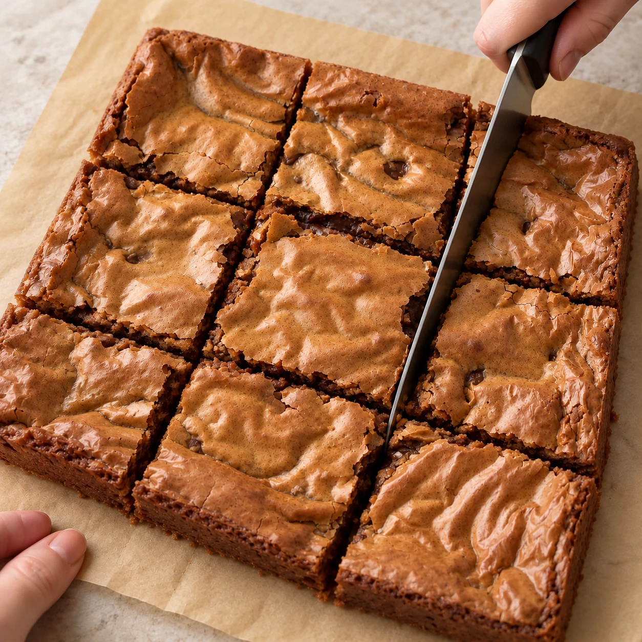 Découpe le blondie en trois rangées de trois carrés, comme la découpe visible dans la recette d’origine. Montrer uniquement le résultat et le geste de cette étape, sans texte ni personne identifiable.