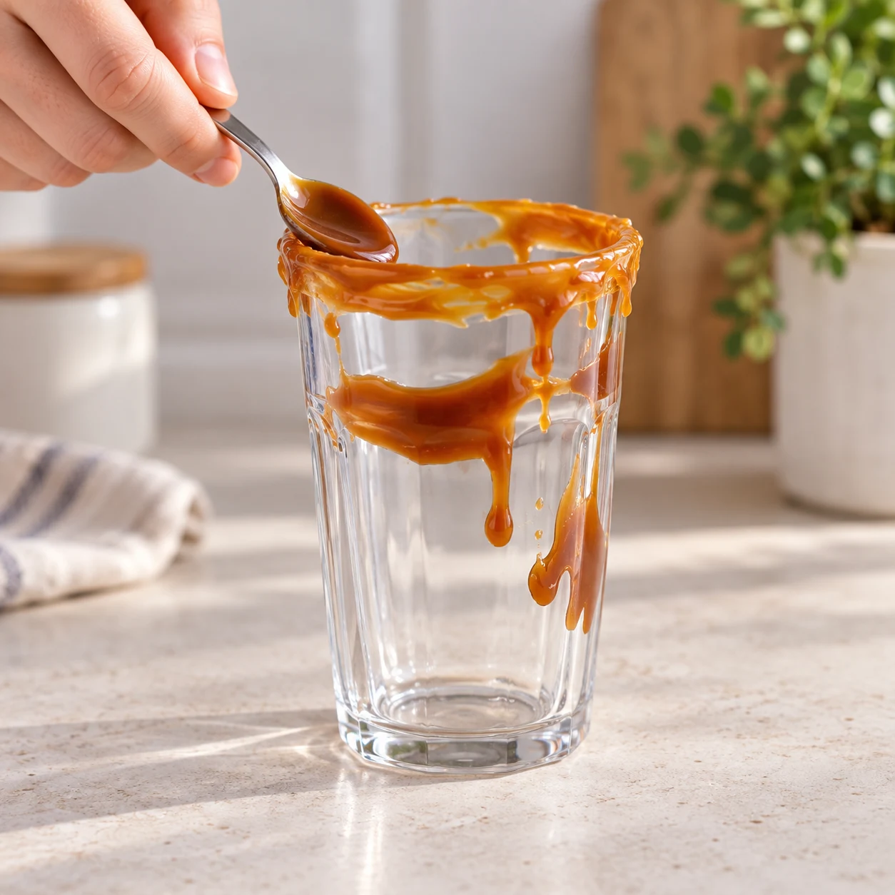 Pour la décoration proposée dans le Reel, étale le caramel sur le bord du verre et sur sa paroi intérieure.