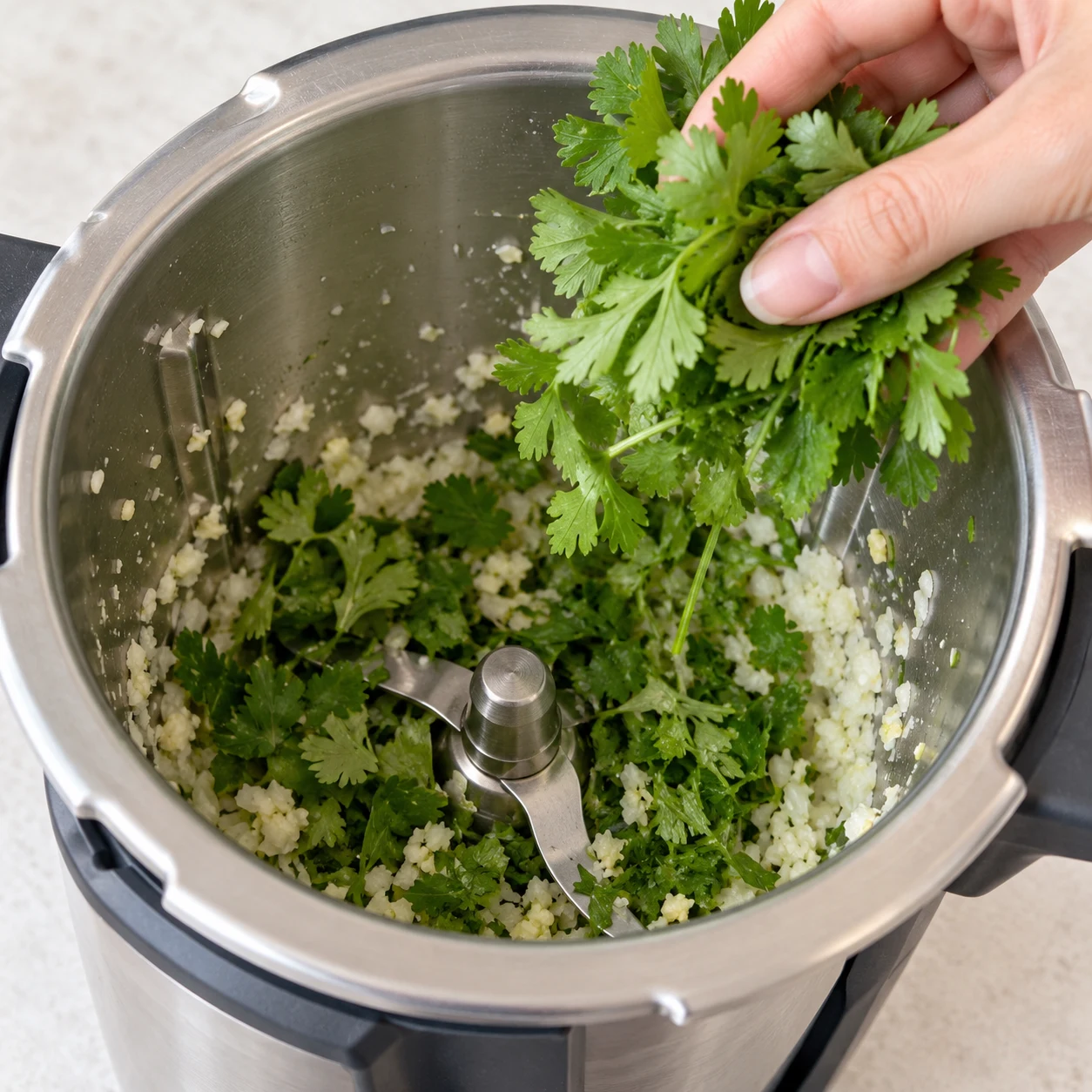Herbes fraîches ajoutées au bol de robot contenant l’oignon et l’ail hachés.