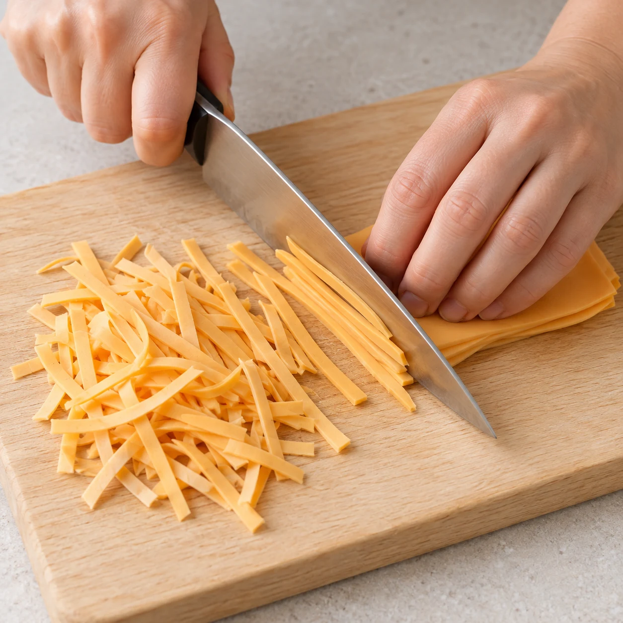 Mains anonymes avec un couteau découpant des tranches végétales orange pâle en fins rubans sur une planche claire, aucune autre nourriture.