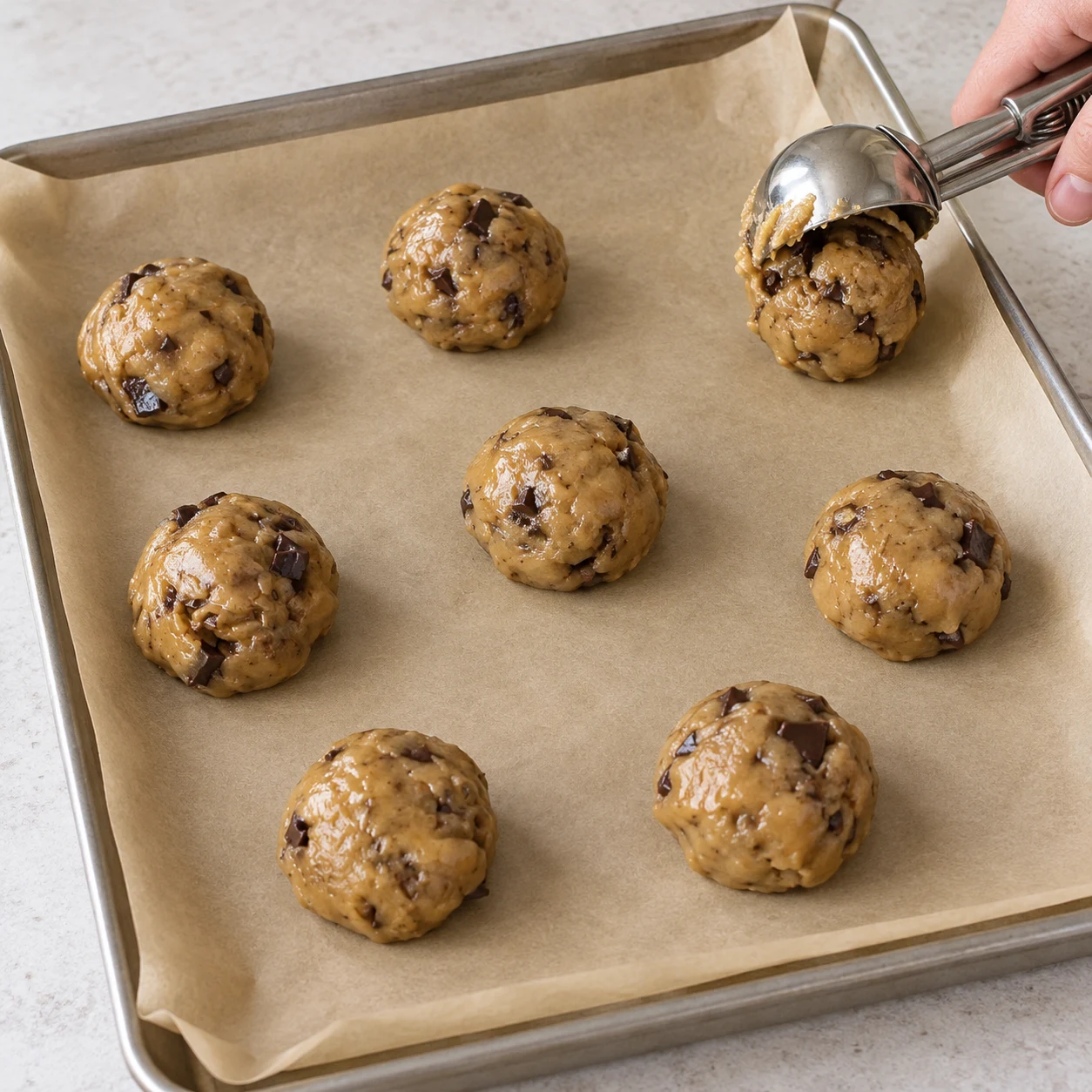 Prélever la pâte à la cuillère à glace pour former 8 grosses boules et les déposer bien espacées sur une plaque garnie de papier cuisson.