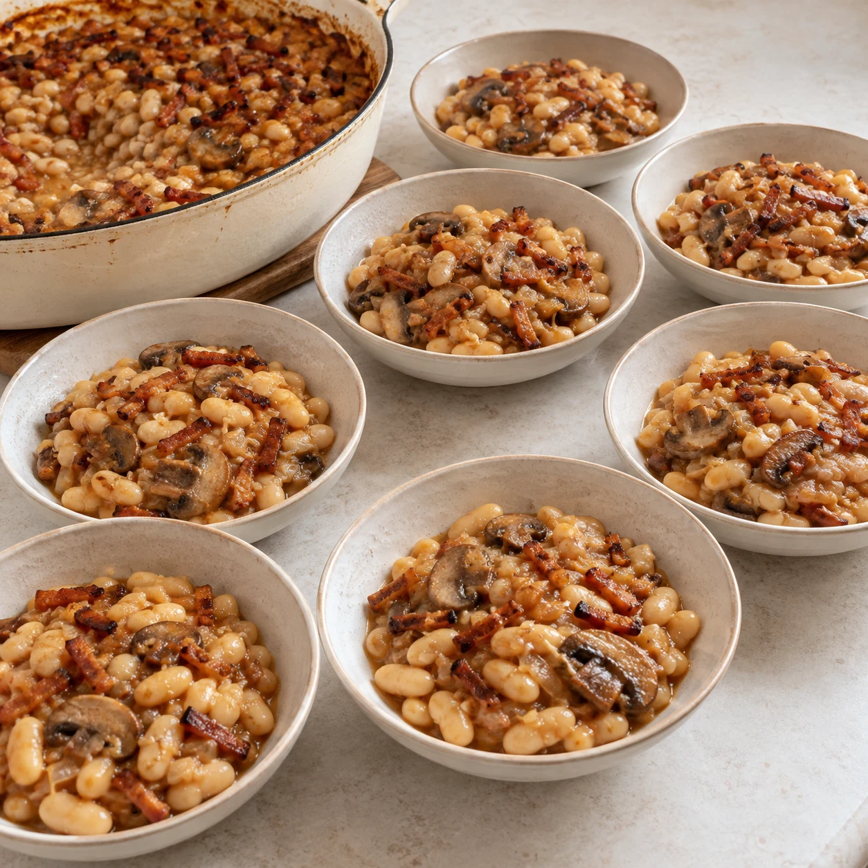Servir le cassoulet : Sers le cassoulet chaud en répartissant haricots, lardons végétaux et champignons entre environ huit assiettes. Repère final : Chaque portion contient des haricots et les deux garnitures végétales.