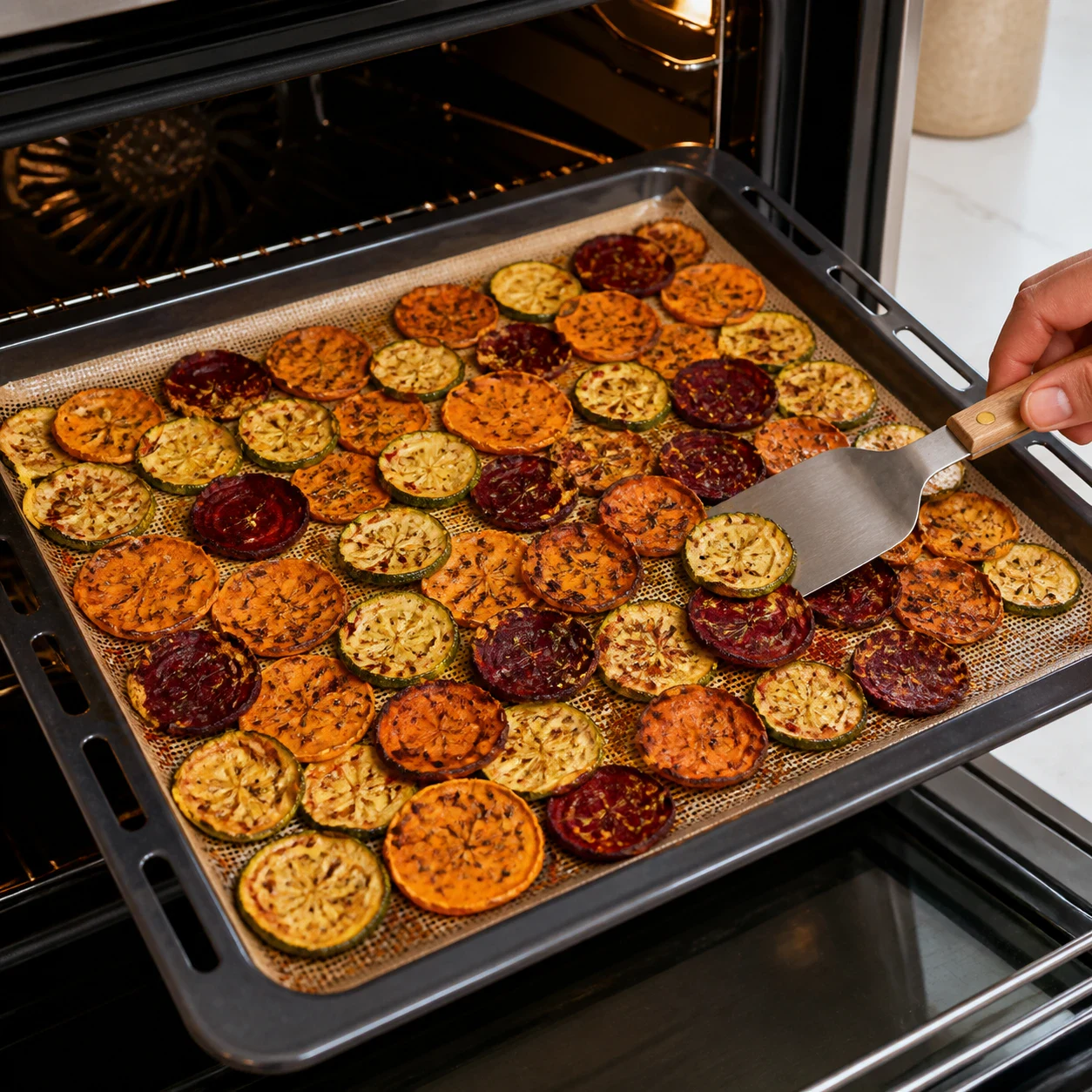 Tranches de courgette, de patate douce et de betterave disposées côte à côte en une seule couche sur une toile de cuisson, bords relevés et brun doré à la sortie du four, éclats de piment d'Espelette et herbes de Provence visibles, aucun autre ingrédient, aucune main, aucun texte, aucune marque.