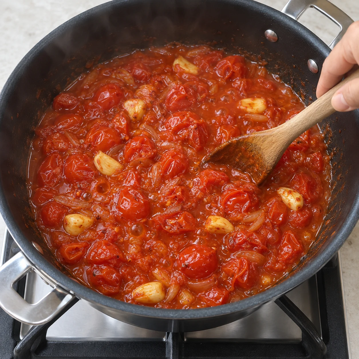 Fais mijoter le mélange à feu moyen pendant 20 minutes. Les tomates sont affaissées et le mélange mijote doucement.