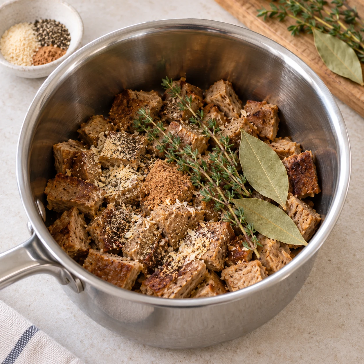 Casserole en inox contenant des morceaux de steak végétal brun doré, poudrés d’épices, avec des branches de thym frais et deux feuilles de laurier.