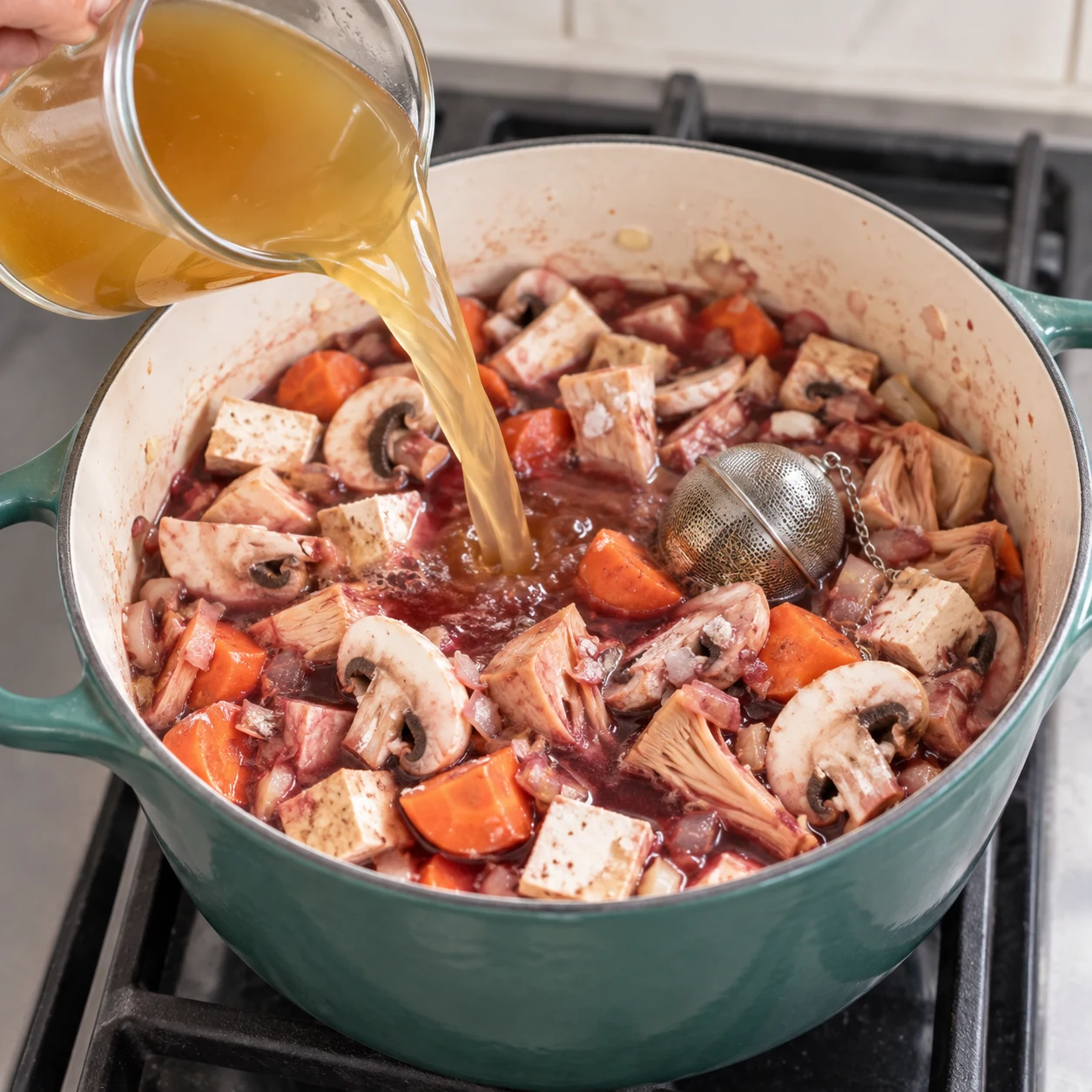 Verse les 500 ml de bouillon de légumes liquide dans le faitout. Montrer seulement les ingrédients présents à cette étape, fidèles à la capture source, dans un cadre de livre de cuisine neutre sans visage, texte ni marque. Adaptation validée : représenter des champignons de Paris blancs et une boule à épices contenant les herbes de Provence, uniquement lorsqu’ils sont présents dans cette étape.