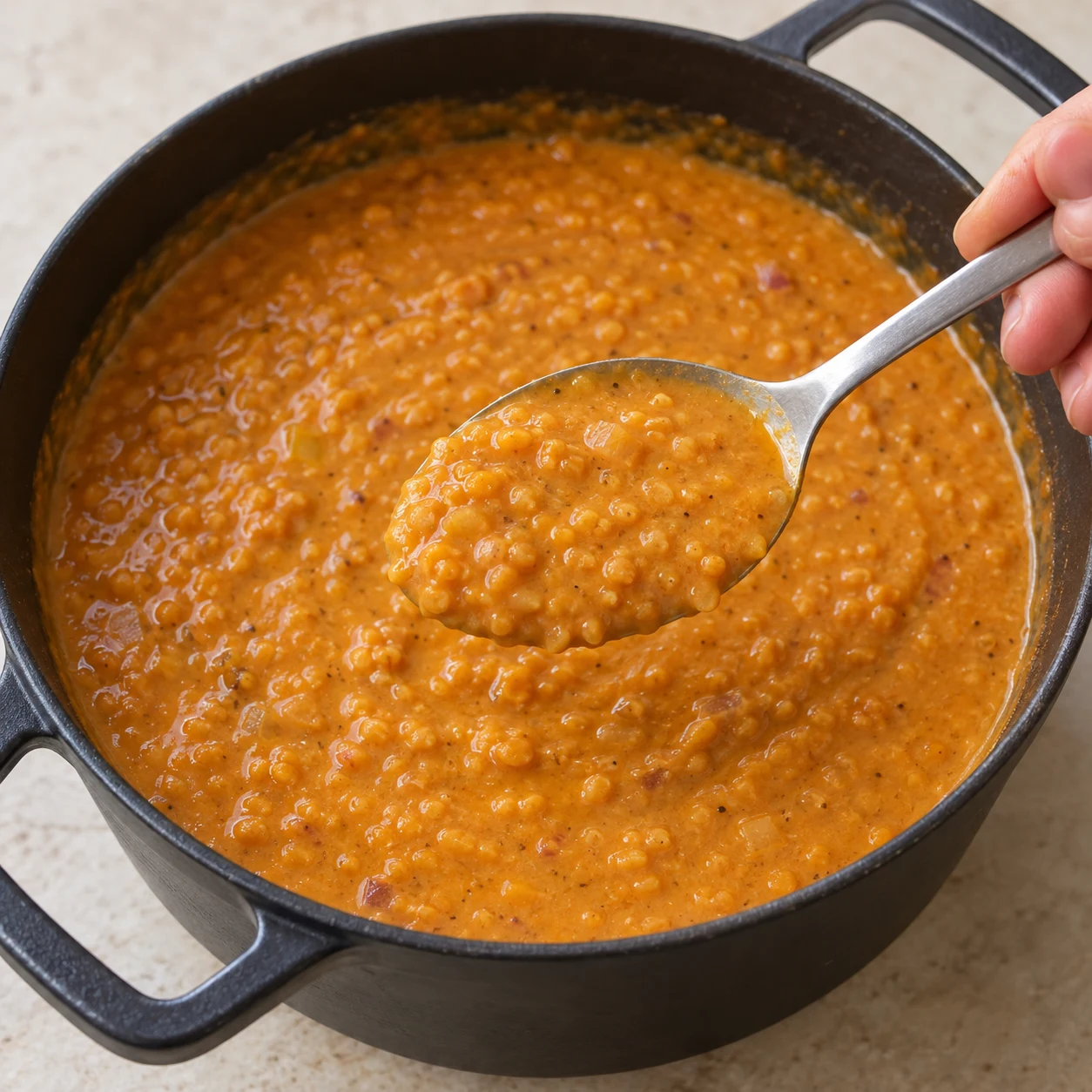 Cuillère présentant le dahl crémeux orange, sans garniture et sans ajout de liquide imposé.