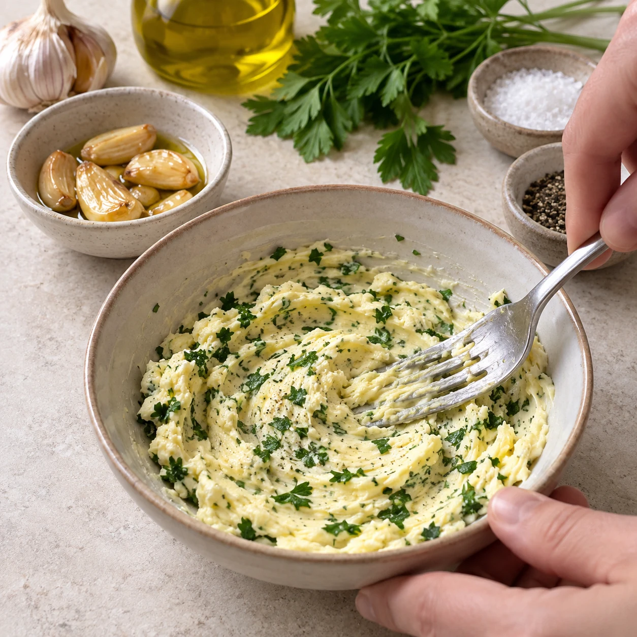 Incorporez les gousses d’ail confites à la margarine persillée, avec un peu de sel, en les écrasant à la fourchette. Montrer uniquement les ingrédients présents à cette phase.