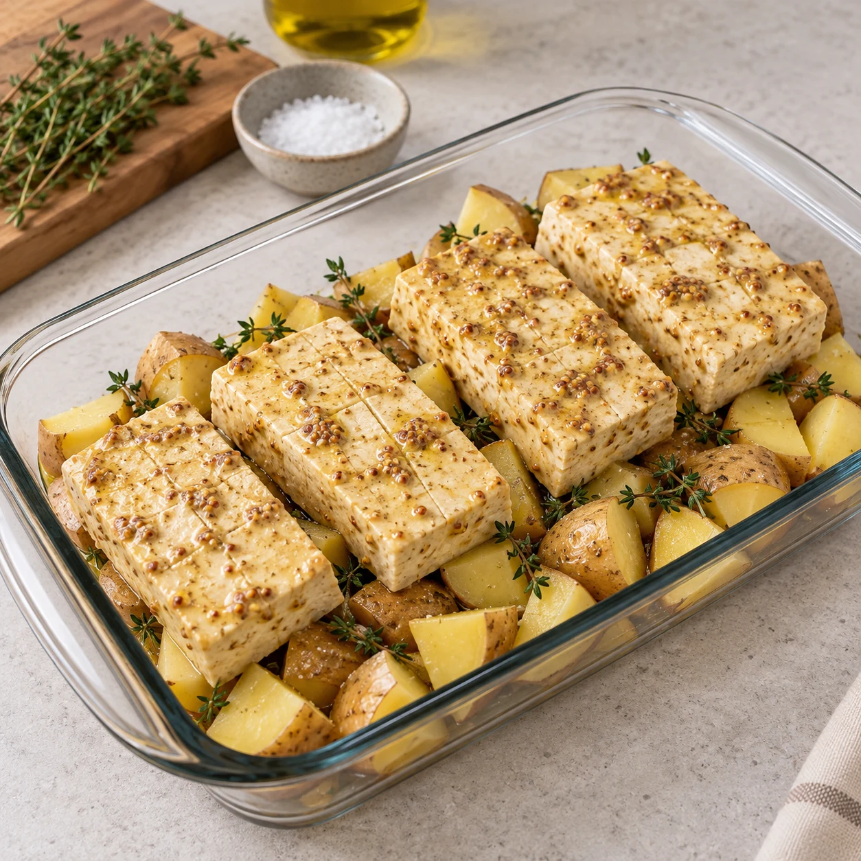 Quatre pavés blancs entaillés enduits de moutarde au-dessus des cubes crus de pommes de terre avec peau et du thym dans un plat en verre.