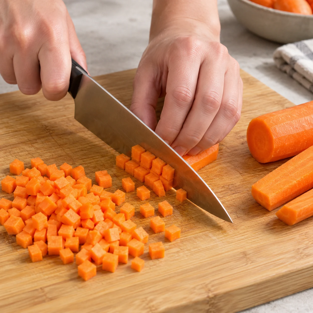 Coupez la carotte en petits dés réguliers, comme ceux visibles dans la sauteuse. État attendu : Les dés sont petits et de taille comparable. Une seule scène de cuisine, sans personne identifiable.
