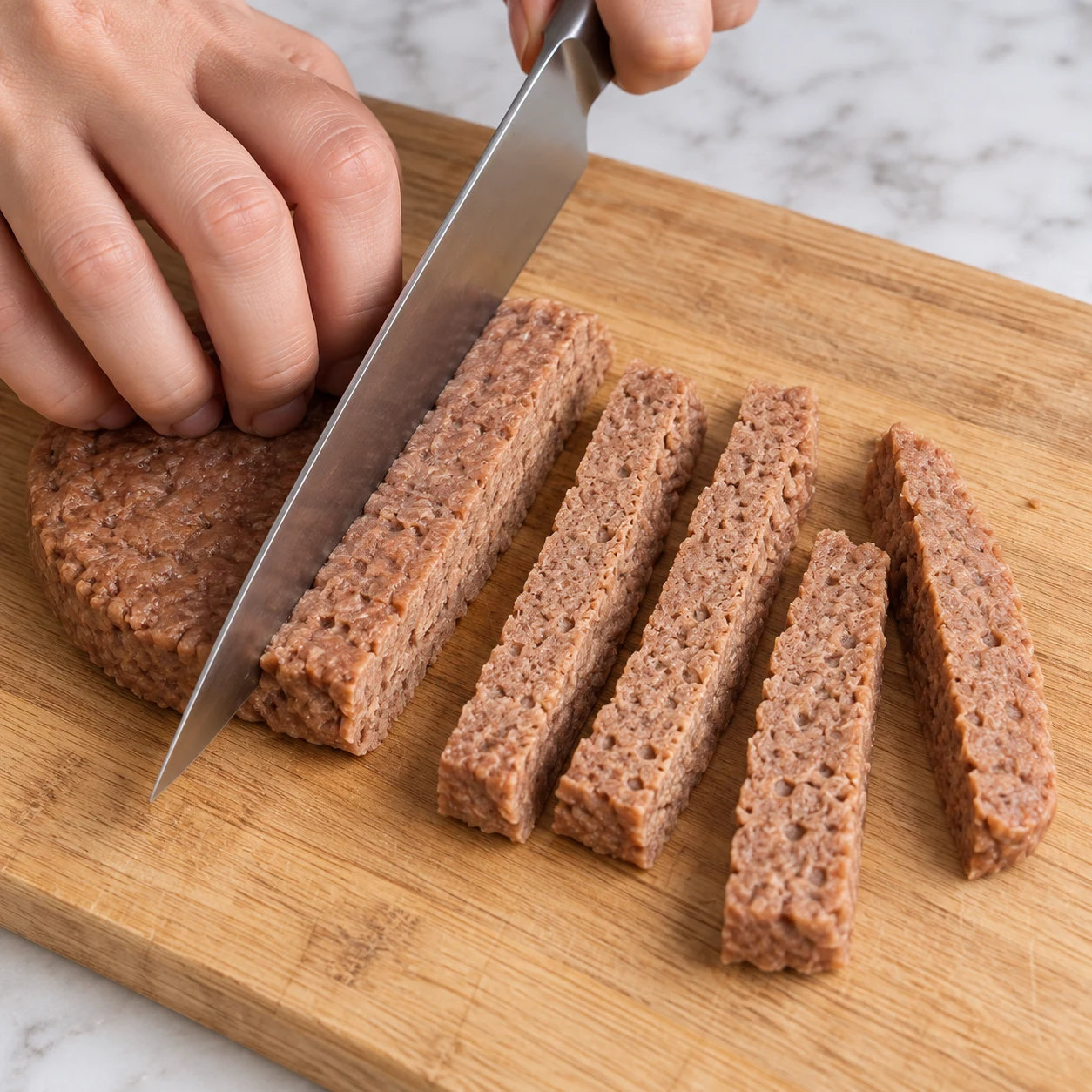 Main anonyme coupant un steak végétal en lamelles épaisses, texture poreuse végétale et sans viande.