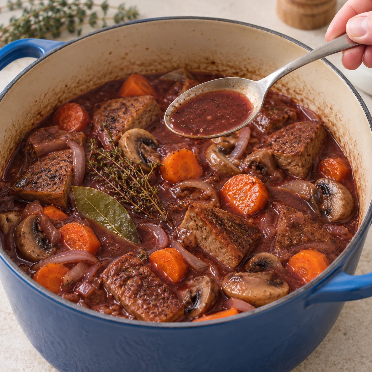 Cuillère prélevant la sauce du bourguignon de morceaux végétaux, carottes, champignons et oignons.