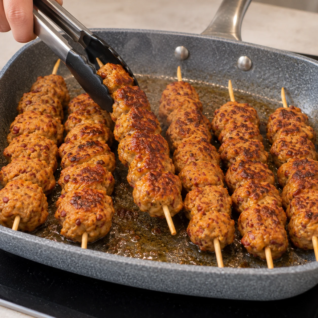 Une pince retourne une brochette de seitan, révélant sa face dorée.