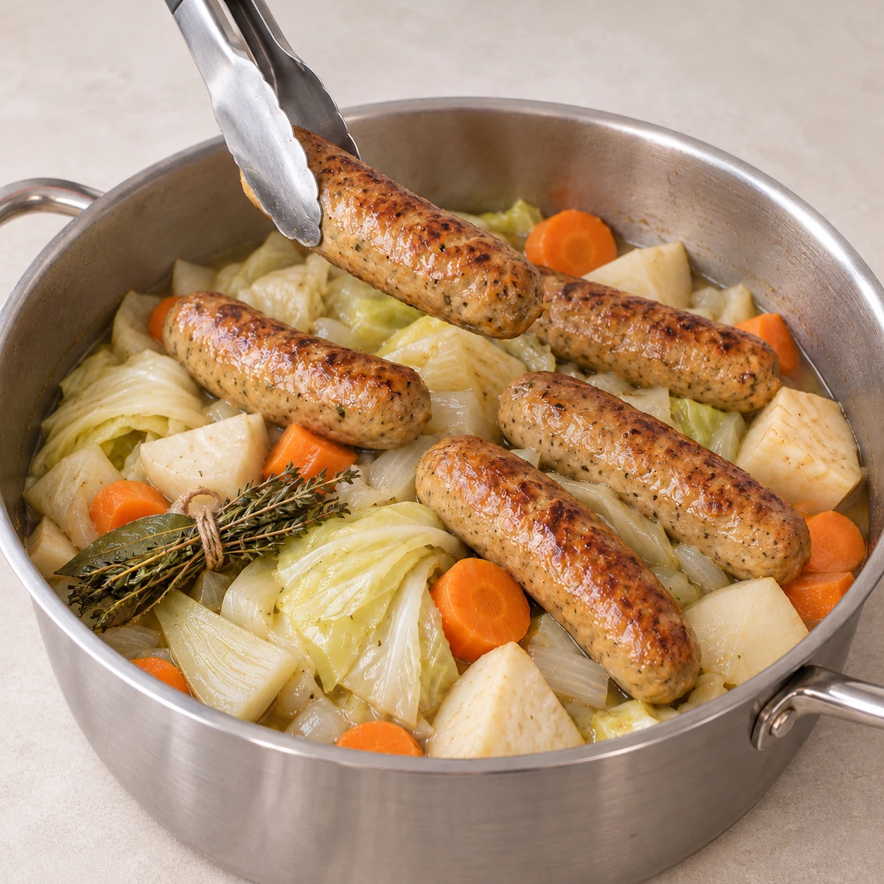 Photo culinaire carrée de l’action : Réunir les chipolatas et les légumes. Les chipolatas restent entières et chaudes au-dessus des légumes tendres. Seulement Chipolatas végétales, Chou blanc, Carotte, Navet frais, Céleri-rave frais, Fenouil frais, Oignon frais, Ail frais, Bouquet garni. Mains adultes anonymes seulement si le geste le nécessite, aucun texte, visage, bijou ou viande.