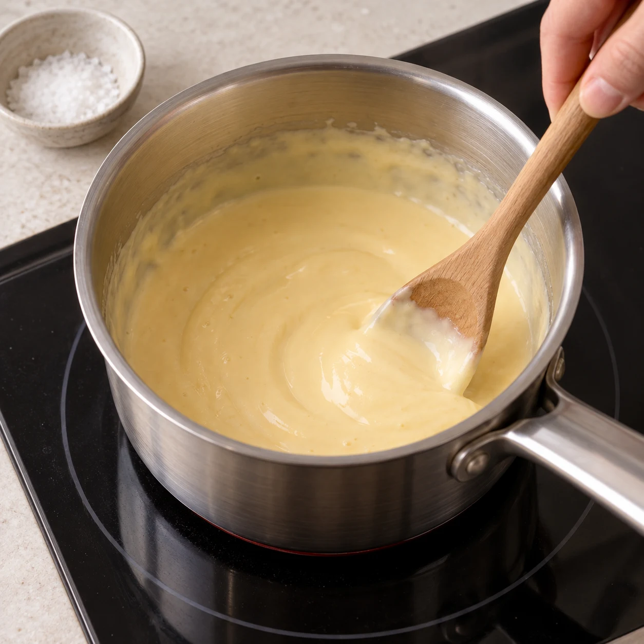 Une photographie carrée de cette seule action : Dans une petite casserole à feu doux, fais fondre les 45 g de tranchettes végétales dans les 120 ml de crème de soja avec du sel selon le goût, en remuant. Cette fonte remplace le mélange à froid de la source car la spécialité persillée a été remplacée par des tranches. Résultat attendu : Les tranchettes sont fondues dans la crème en une préparation crémeuse. Seulement les ingrédients de cette étape. Aucun ingrédient futur ni garniture ajoutée, aucun texte ni personne identifiable. Mains adultes anonymes seulement pour le geste. Le cœur adapté est crémeux légèrement jaune, sans persillage bleu.