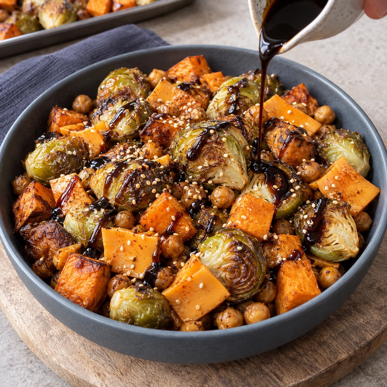Filet sombre de balsamique sur choux rôtis, dés de patate douce, pois chiches et morceaux orangés de tranches végétales.