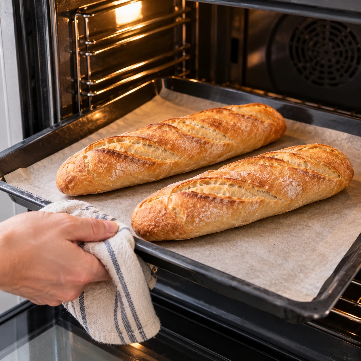 Deux petites baguettes dorées sur une plaque dans un four domestique, pas de garniture.