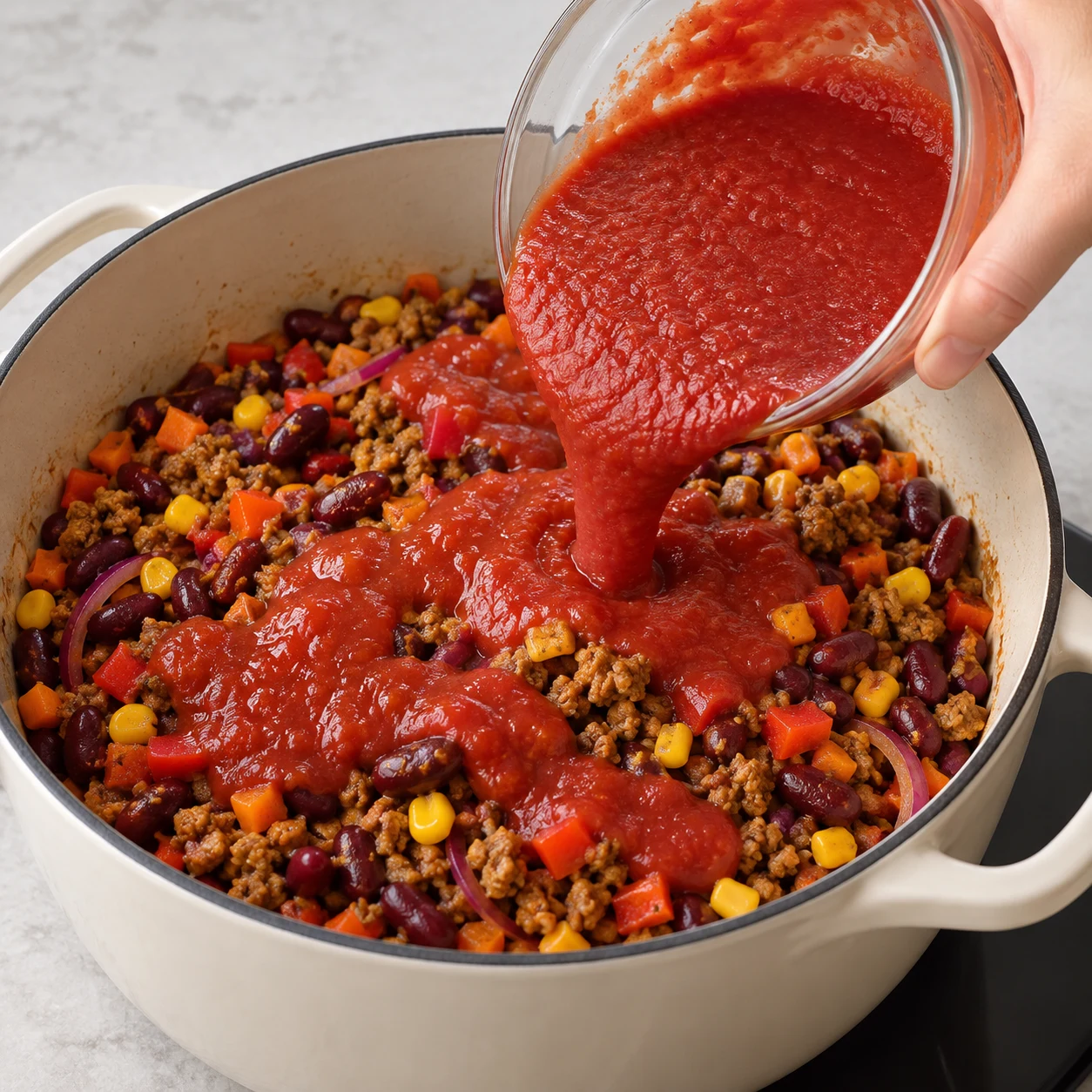 Versez les 270 g de purée de tomates sur les ingrédients.