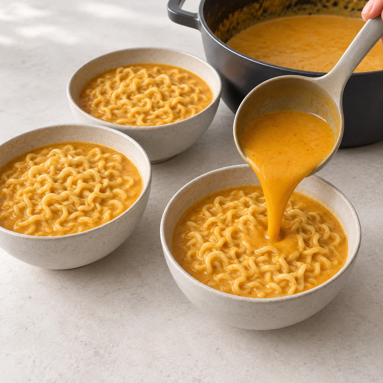 Répartir les nouilles. Répartis les nouilles et leur bouillon dans quatre bols. Résultat : Les quatre bols contiennent des nouilles et du bouillon.. Uniquement : Pâte de curry doux, Purée de cacahuète, Sauce soja, Lait de coco, Bouillon de légumes en cubes, Eau pour le bouillon, Ail frais, Huile de tournesol, Nouilles chinoises sèches de blé sans œuf. Aucun ingrédient futur. Bouillon au curry doux ocre doré, crémeux ; non rouge vif.